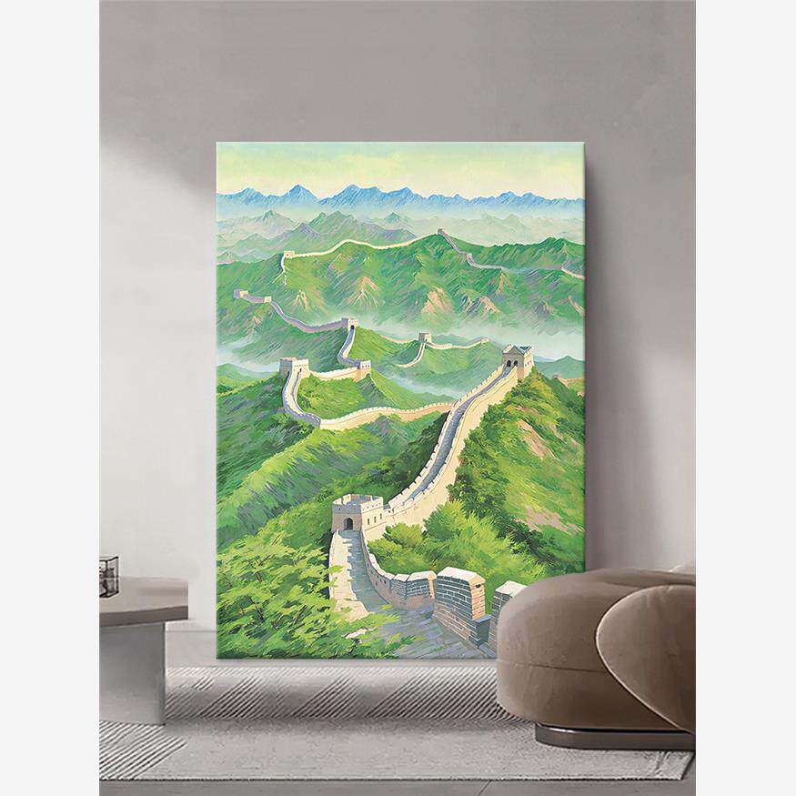 万里长城纯手绘油画新中国风入口装饰画客厅抽象绿色山水肌理画挂