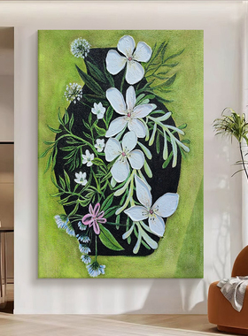 绿色花瓶手绘油画客厅美式抽象白色花卉装饰壁画玄关餐厅肌理挂画