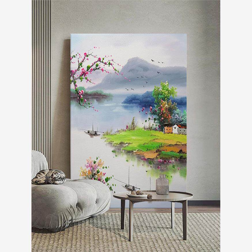 纯手绘江南水乡大芬村油画客厅新中式山水风景装饰画玄关肌理挂画