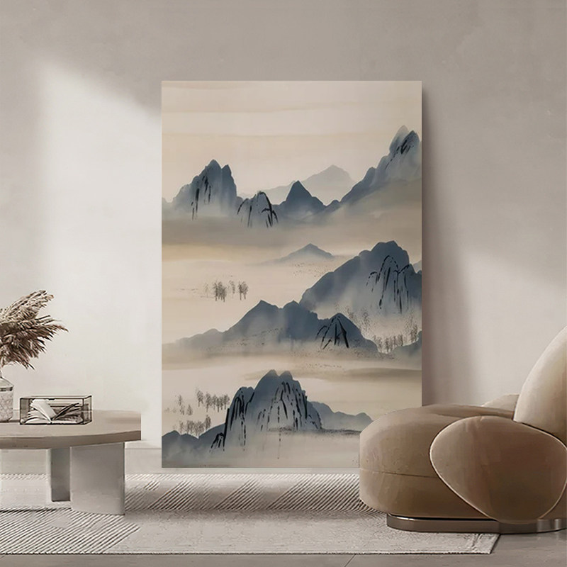 水墨青山手绘油画玄关装饰画客厅餐厅侘寂风沙发背景墙新中式挂画