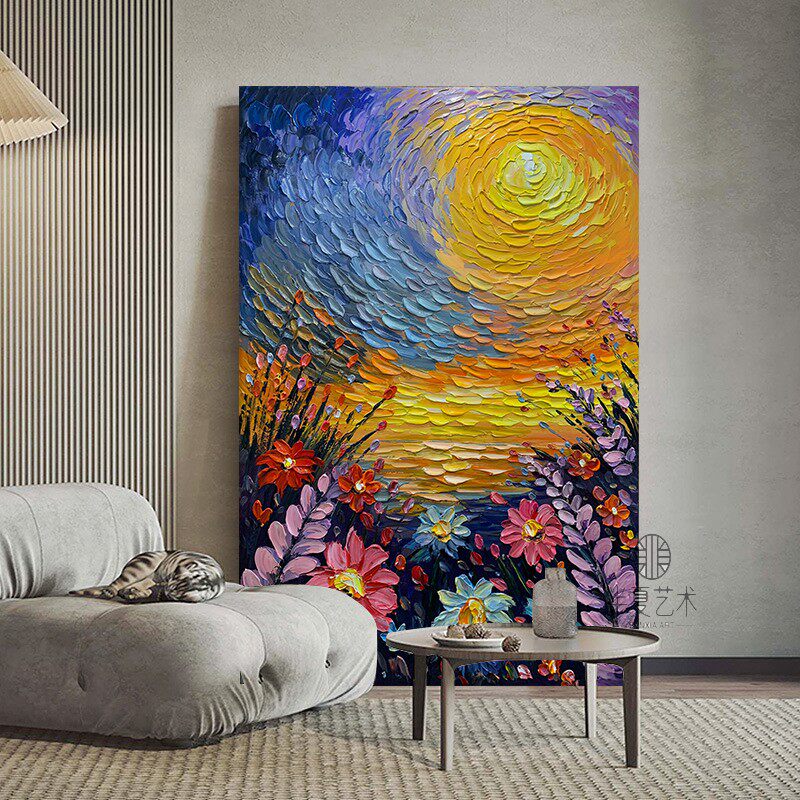 手绘油画抽象艺术高级感肌理刀画立体花卉太阳客厅装饰画玄关挂画