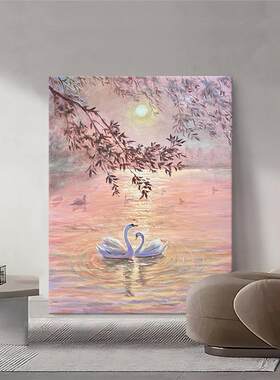 天鹅湖风景纯手绘油画侘