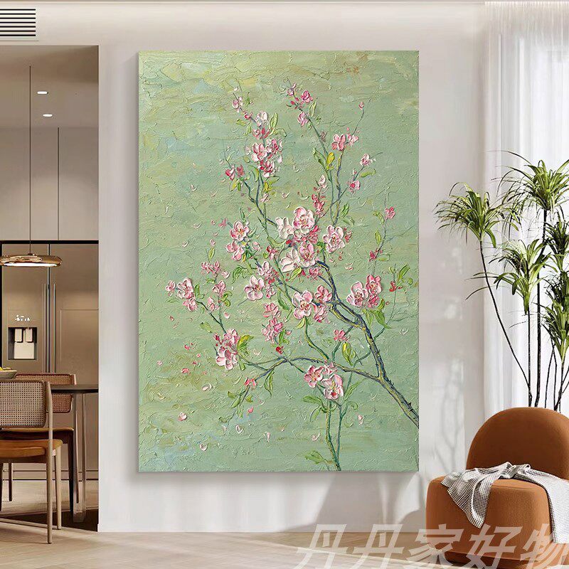 粉色好运桃花肌理手绘油画绿色奶油风客厅装饰画玄关立体花卉挂画