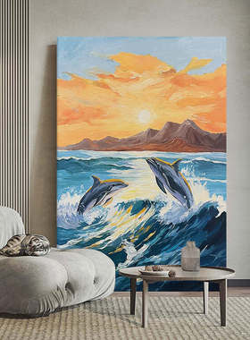 治愈系海豚手绘油画碧海