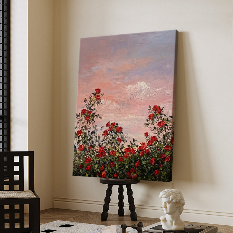 客厅复古抽象花卉手绘油画中古风玄关装饰画玫瑰花石英砂肌理挂画