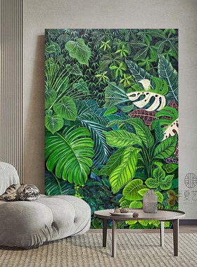 绿色热带植物手绘油画客