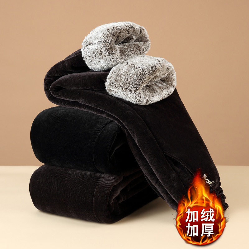 正品妈妈冬季加绒加厚灯芯绒直筒棉裤中老年女装加绒加厚松紧腰保