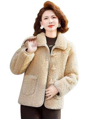 妈妈冬装加绒加厚羊羔毛外套女翻领中年女士皮毛一体短款毛绒