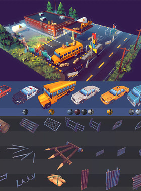 现代风格废弃卡通城镇村庄城市末世生存 unity3D场景模型素材设计