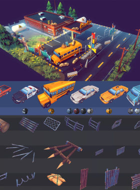 现代风格废弃卡通城镇村庄城市末世生存 unity3D场景模型素材设计