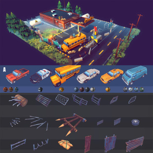 现代风格废弃卡通城镇村庄城市末世生存 unity3D场景模型素材设计