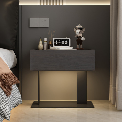 卧室实木床头柜创意碳素钢底座床边柜意式极简悬浮储物柜感应灯