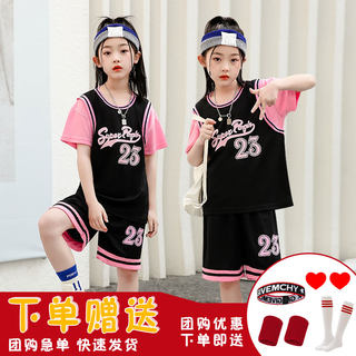 女孩篮球服套装女童夏款休闲运动服速干学生假两件短袖儿童训练服