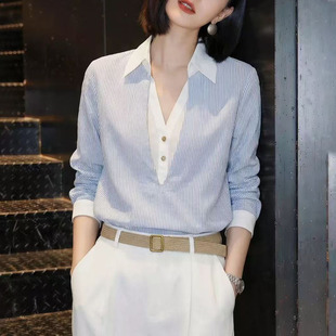 春夏条纹V领女士衬衫 洋气减龄宽松显瘦假两件上衣0325z 2026新款