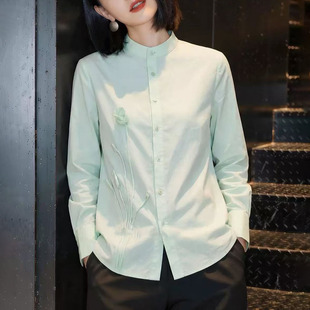 春夏绿色立领衬衫 立体花朵洋气减龄宽松显瘦休闲上衣0321z 女新款