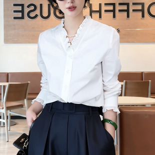 减龄洋气通勤木耳边上衣0319z 2026新款 春夏白色V领衬衫 女士长袖