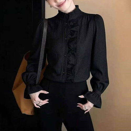 春夏黑色立领衬衫女士2026新款洋气减龄宽松显瘦感木耳边0322z