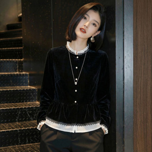 春夏黑色丝绒衬衫 洋派减龄宽松显瘦感假两件0321z 女士2026新款
