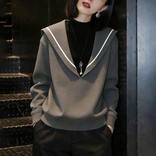 0320z 减龄宽松显瘦海领休闲打底衫 春夏灰色假两件卫衣女新款 时尚