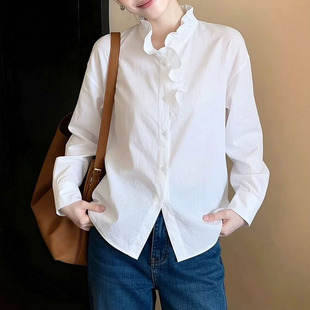 春夏白色荷叶边领衬衫 轻奢洋气减龄宽松显瘦休闲上衣0325z 女新款