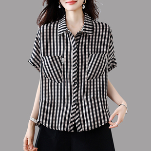 洋气减龄宽松大码 2026新款 显瘦感上衣0325z 女短袖 春夏格子衬衫