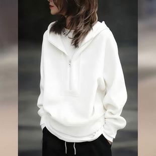 春夏白色连帽卫衣女减龄宽松显瘦洋气半拉链内搭打底衫 上衣0320z