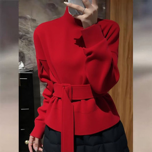 春夏红色高领卫衣女时尚 减龄宽松显瘦收腰系带加厚保暖上衣0320z