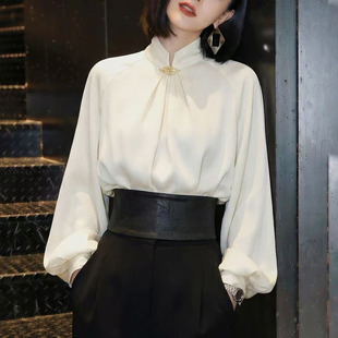 上衣0325z 洋气减龄宽松显瘦泡泡袖 春夏优雅风立领衬衫 女2026新款