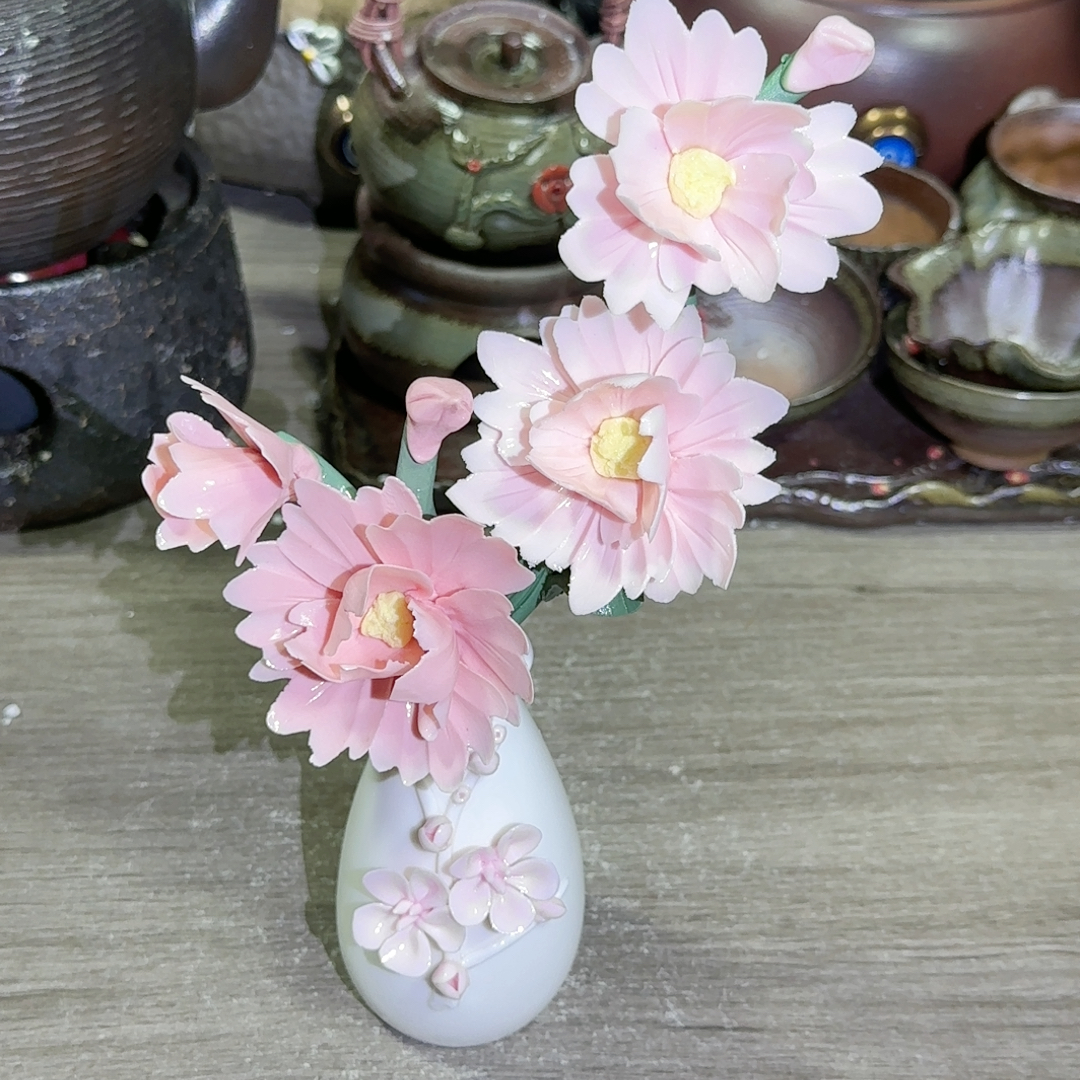 陶瓷手工捏花花瓶带陶瓷花两束