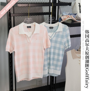 甜美小清新格纹翻领针织衫高尔夫运动女短袖修身户外上衣春秋装