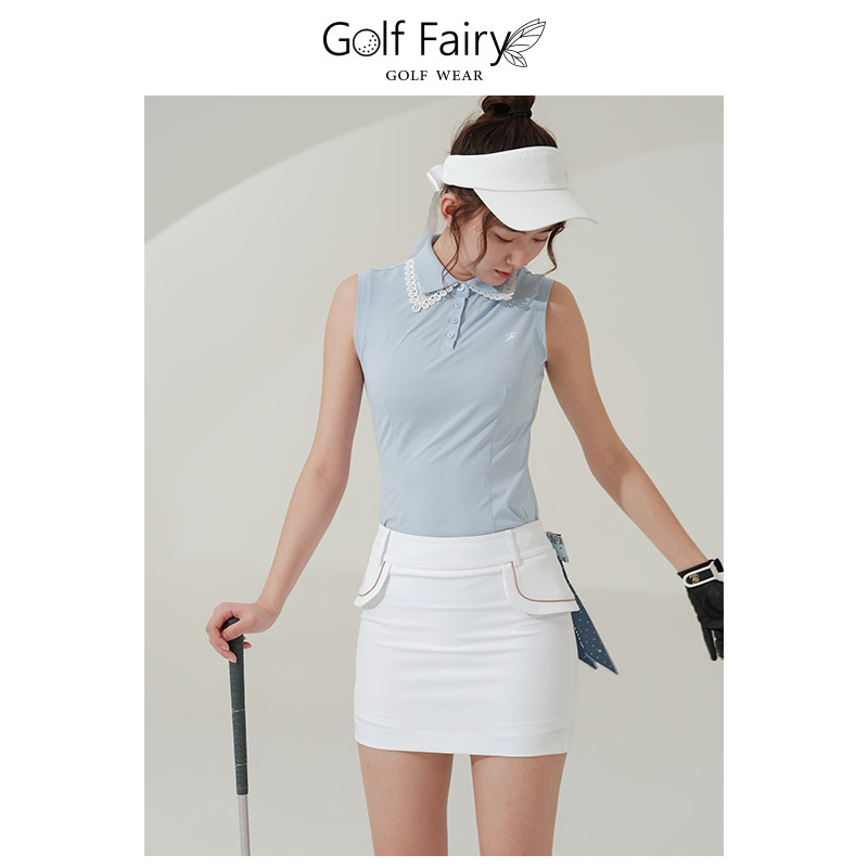 golffairy韩国小众品牌高尔夫服装女防UV花边双层领气质无袖t恤夏
