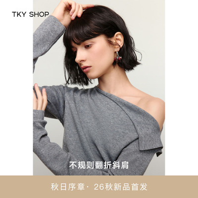 TKYSHOP斜肩针织上衣