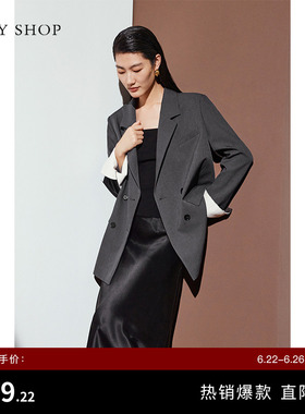 TKY SHOP极简风西装外套女春秋宽松休闲灰色短外套职场通勤西服