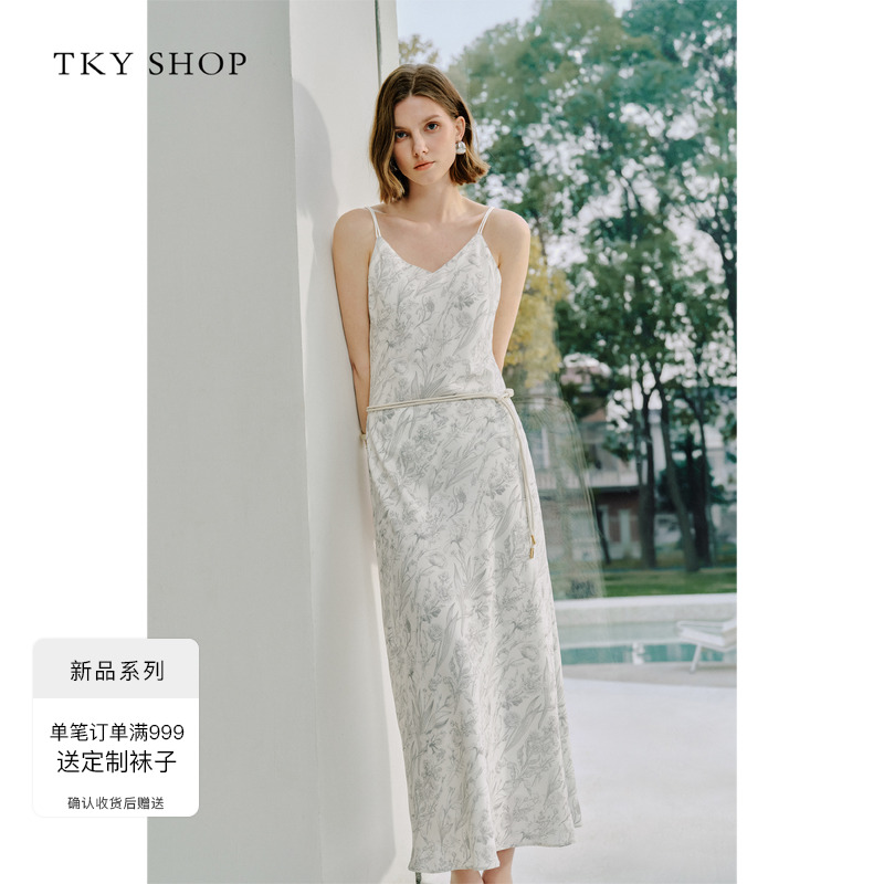 TKYSHOP温柔印花V领吊带连衣裙