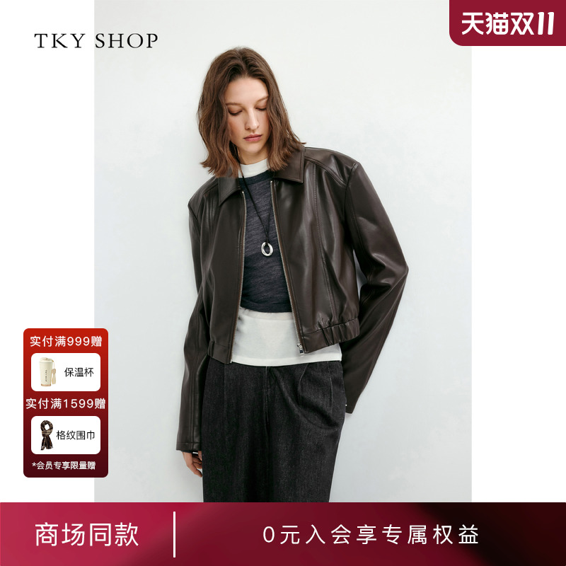 TKYSHOP翻领机车皮衣长袖外套