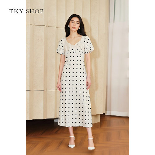TKYSHOP蕾丝V领泡泡袖连衣裙