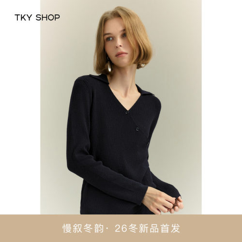 TKYSHOP斜开V领毛套衫