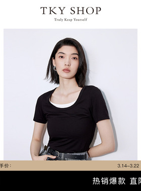 TKY SHOP设计感假两件拼接T恤女夏季黑色短款休闲薄上衣清凉透气