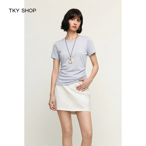 TKYSHOP圆领短袖抽褶设计感上衣