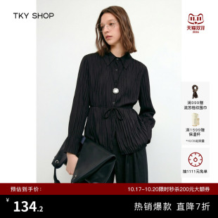 TKY SHOP黑色长袖女士衬衫春季新款轻奢雪纺衫褶皱优雅气质薄上衣