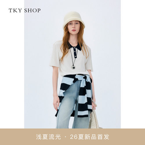 TKYSHOP撞色短袖线套衫