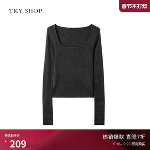 TKY SHOP简约方领毛针织衫女2025秋新款绵羊毛加厚保暖针织毛衣女
