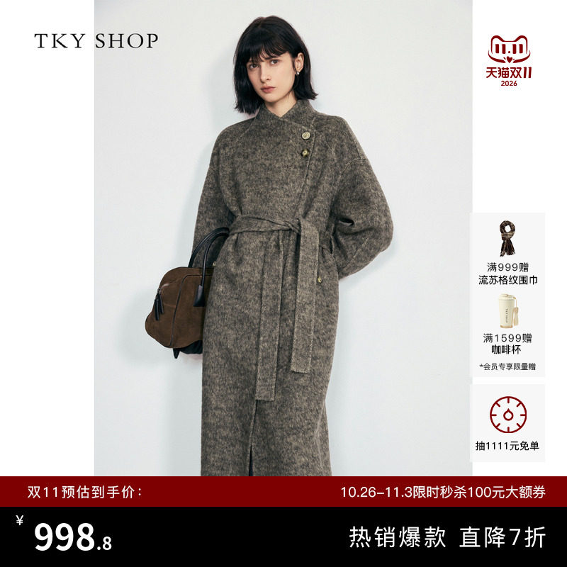 TKY SHOP立领斜门襟长款花呢羊毛大衣女冬季新款气质加厚毛呢外套