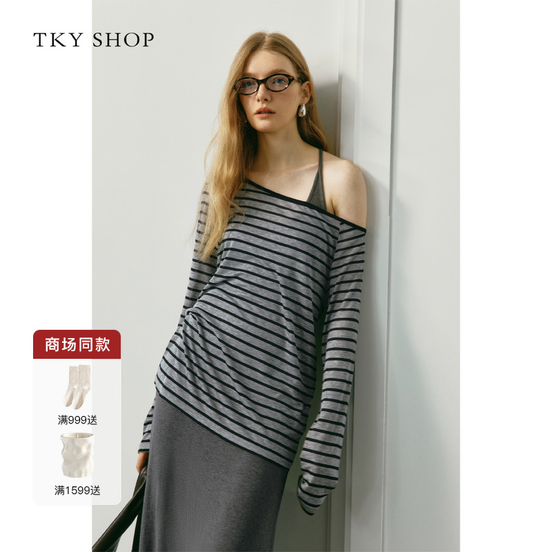 TKYSHOP宽松长袖条纹上衣