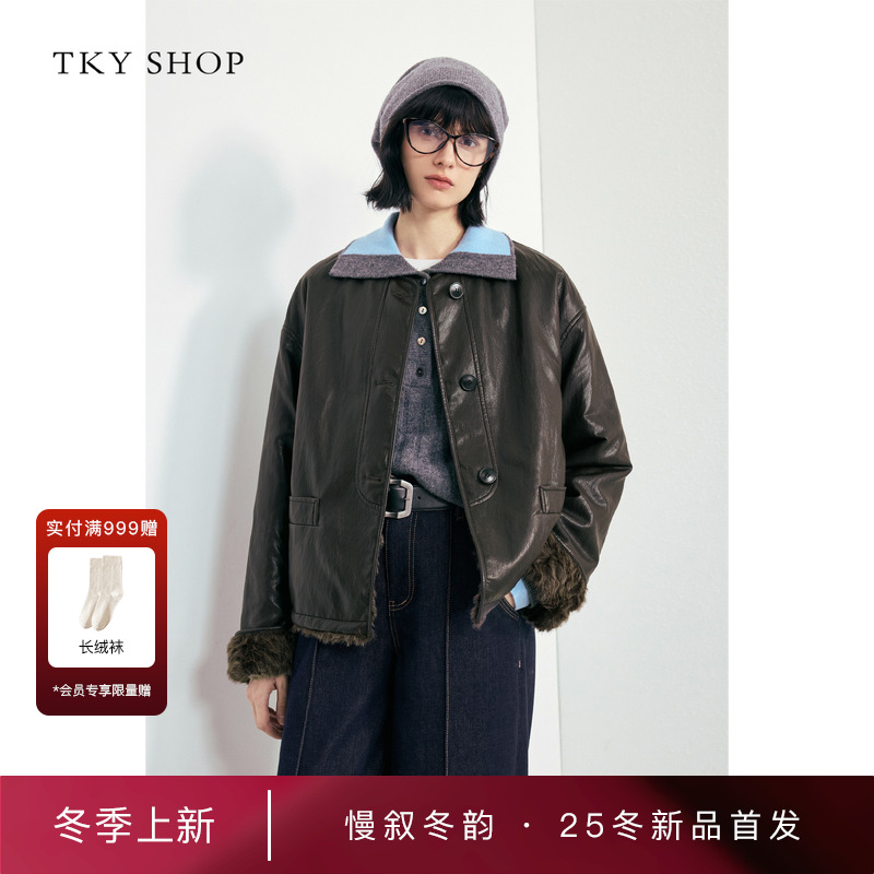 TKYSHOP圆领两面穿PU外套