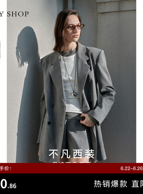 TKY SHOP老钱风灰色西装外套女通勤百搭中长款简约职场气质女装