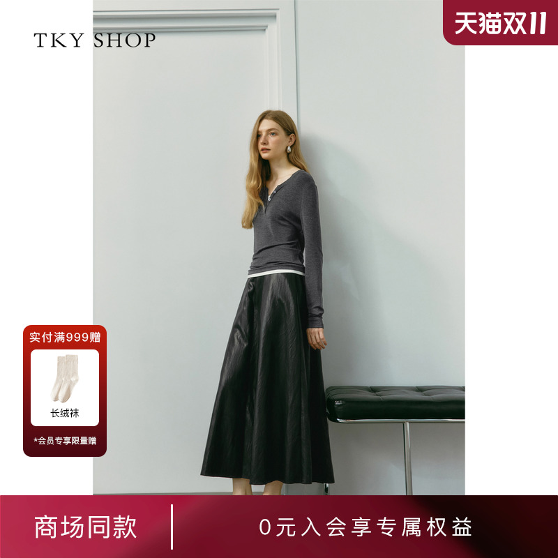 TKYSHOP长款复古哑光PU皮裙