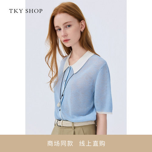 TKYSHOP薄款翻领短袖针织开衫