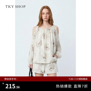 TKY SHOP温柔风套装女春印花露肩上衣短裤淑女通勤显瘦时尚两件套