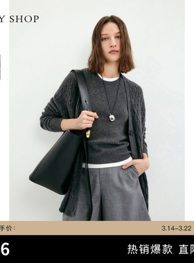 TKYSHOP极简风灰色针织开衫女外搭轻熟风毛衣设计感镂空V领针织衫